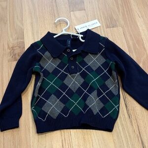 Janie and Jack Navy Argyle Sweater with Green and Gray